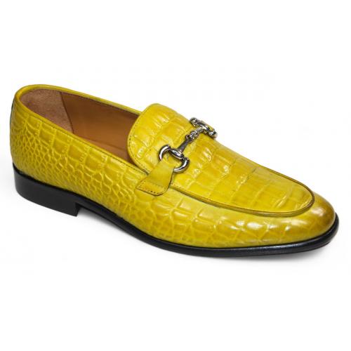 Duca Di Matiste "Vasto" Yellow Genuine Italian Calf Leather Crocodile Print Loafers.